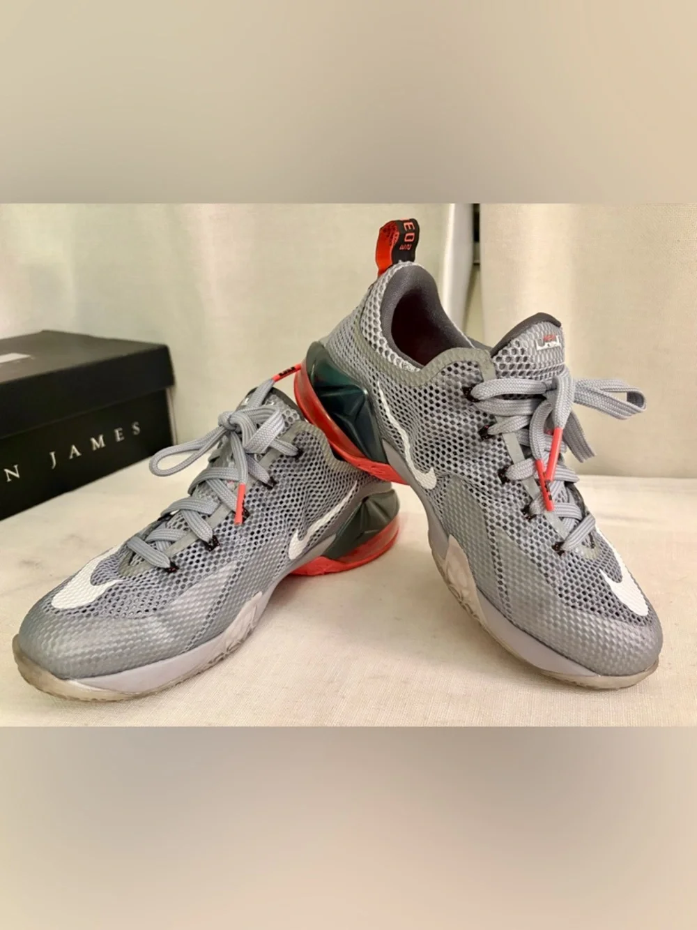 Nike LeBron XII Low GS Grey Orange Athletic Sneakers 5Y EUC w/ Box